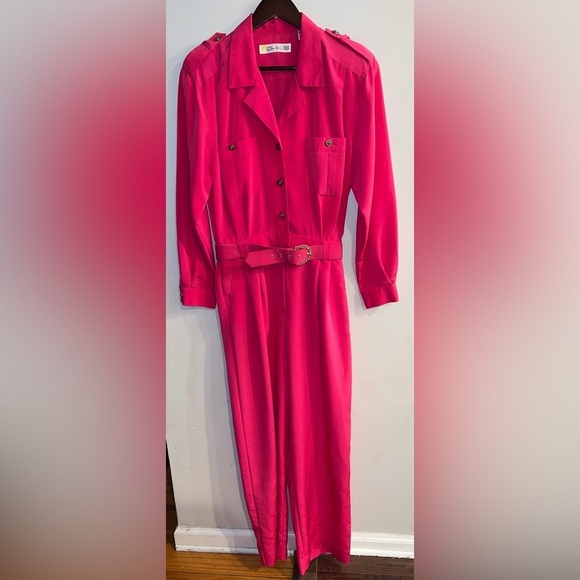 CHAUS Vintage Women’s Pink Long Sleeve Button Up Belted Jumpsuit Size 12 - Picture 1 of 4